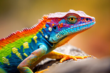 Wall Mural - Close-up view of a colorful chameleon lizard, Ai Generated.	
