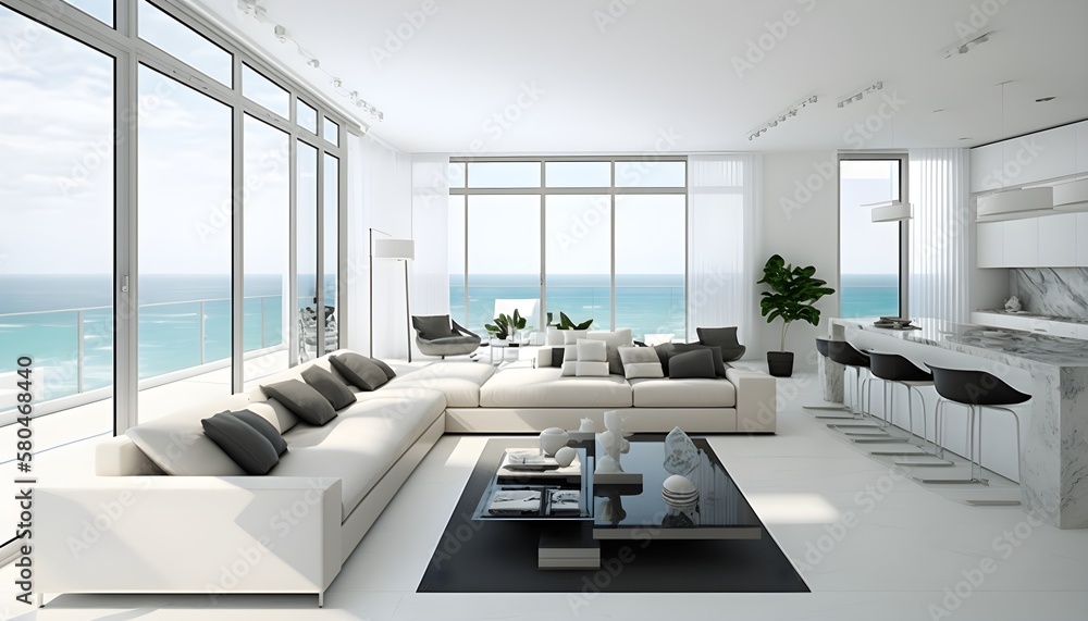 View of Sea view apartment, large windows, modern exterior, elegant design ...