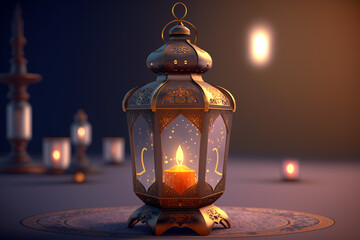 Wall Mural - Arabic lantern with burning candles on the floor. Generative AI illustration