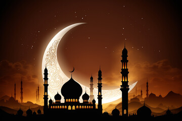 Wall Mural - Ramadan kareem background with mosque silhouette and moon. Generative AI design