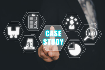 Case Study Education concept, Business person hand touching case study icon on virtual screen.