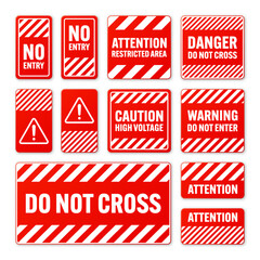 Various white and red warning signs with diagonal lines. Attention, danger or caution sign, construction site signage. Realistic notice signboard, warning banner, road shield. Vector illustration