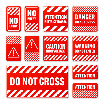 various white and red warning signs with diagonal lines. attention, danger or caution sign, construc