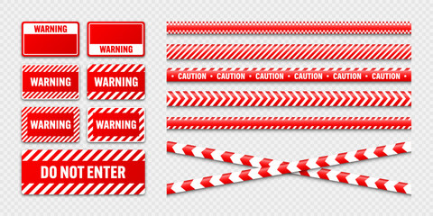 Wall Mural - Various barricade construction tapes and warning shields. Red police warning line, brightly colored danger or hazard stripe, ribbon. Restricted area, zone. Attention symbol. Vector illustration