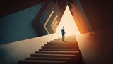 Fototapeta Na drzwi - Business concept illustration of a man walking on a stairway leading up to up arrow. Generative ai
