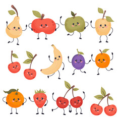 Wall Mural - Cute cartoon characters fruits. Apples, pear, strawberry, banana, plum, apricot, cherry and tangerine. Vector illustration. Collection funny food emoji in flat style