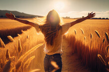 Happy Young Woman In Wheat Field At Sunset. Freedom And Happiness Concept.generative Ai