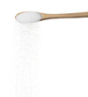 © Jade - Pure refined Sugar in table spoon, white crystal sugar fall line down. Pure refined sugar stop in air, food object design. white background isolated high speed freeze motion
