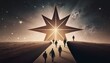 Man points to the star and leads his friends to follow him on his way forward, success journey, leadership. Generative ai