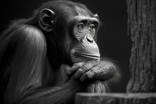 A Black And White Picture Of A Chimpanzee With A Thoughtful Look. Generative AI