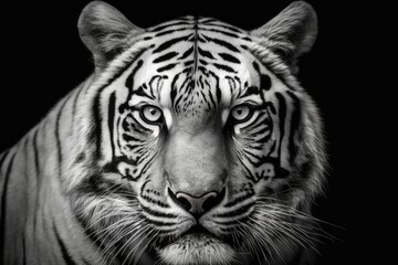 Canvas Print - A close up picture of a white Bengal tiger's face in black and white. The most dangerous animal shows how great he is by being calm. A fierce big cat has a wild beauty. Generative AI