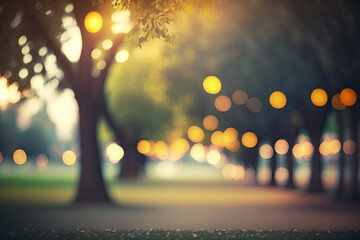 blur background of outdoor park with trees and bokeh lights for display presentation
