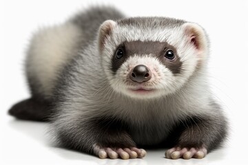 Wall Mural - A full grown grey ferret lies alone on a white background. Generative AI