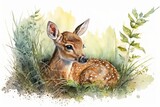 A cute deer is lying in the grass. Painting with watercolor. Generative AI