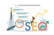 © saranya - Man and woman change SEO ranking position. Search screen page with magnifier . Vector illustration flat design style. SEO, Search Engine Optimization, Top ranking Concept.