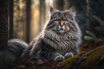 Canvas Print - A beautiful, gray striped, big, fluffy thoroughbred cat sits alone in the woods. Animal photography, portrait. Generative AI