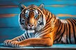 A black striped Siberian or Amur tiger is lying down on a wooden deck. Big size portrait. The blue background is blurry in this close up shot. Seeing wild animals, big cat. Generative AI