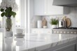 Close-up of a kitchen island with marble countertop in a bright interior. Real estate content by AI generative
