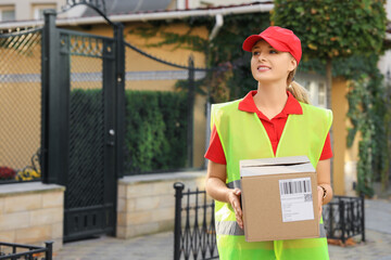 Canvas Print - Courier in uniform with parcel near private house outdoors, space for text