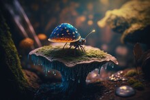 A Hyper-Detailed Fairy Tale Scene: An Epic Composition Of An Intricate Insect Perched On A Mushroom, Near A Glistening Waterfall In Unreal Engine 5 , Generative Ai