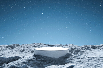 Wall Mural - 3d render winter platform and natural podium background, Stone podium on the ice snow mountain backdrop star and night sky for product display, advertising, cosmetic skincare with empty round stage