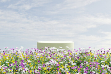 Wall Mural - Abstact 3d render spring scene and Natural podium background,  White stone podium on the colorful flowers and grass field, backdrop clear blue sky for product display advertising or etc