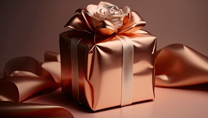 Rose gold wrapped gift box. Present with a decorative bow and ribbon. Celebration birthday wedding background.