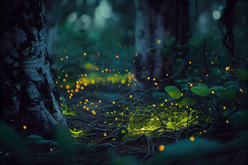 Poster - A foggy forest where fireflies fly.