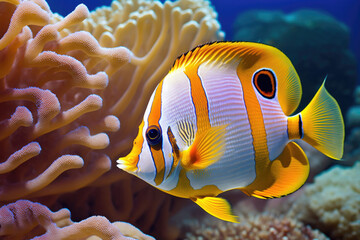 Wall Mural - Beautiful fish on the seafloor and coral reefs are the copperband butterflyfish and chelmon rostratus marine species, generative AI