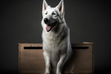 Wall Mural - Smiling. Picture of a smart, beautiful White Swiss Shepherd A dog leans on a box and poses against a grey studio background. Concepts of movement, action, love for pets, animal life, and living with a