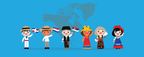 Wall Mural - kid national with Traditional Costume and Tourist: Vector Illustration