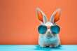 Abstract clip-art of White Rabbit wearing trendy sunglasses. Contemporary colourful background. Copy space. Summer minimalism. For posters, planners, web, landing page, illustration. AI image.