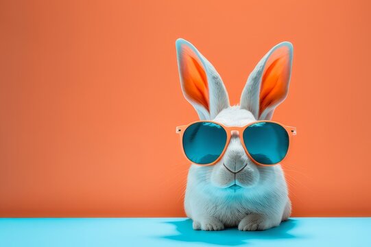 abstract clip-art of white rabbit wearing trendy sunglasses. contemporary pastel blue background. co
