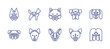 Dog breeds line icon set. Editable stroke. Vector illustration. Containing pitbull, german shepherd, shiba inu, boxer, cavalier king charles spaniel, pug, xoloitzcuintle, chihuahua, american hairless.