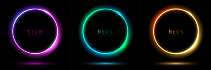gradient neon circle frame. collection of round glowing neon lighting on dark background with copy s
