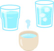 グラスに入った冷水とお湯と常温水