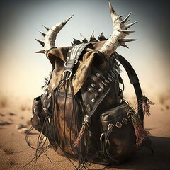 Wall Mural - Frayed Knapsack of Brave Desert Orc with Spike Horns for Medieval Fantasy RPG Leader Experienced Adventurer's Inventory Bag [Generative AI]