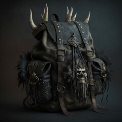 Wall Mural - Intimidating Black Rucksack with Bone and Horns for Orcish or Warlock Character for Medieval Fantasy RPG Adventurer's Inventory Bag [Generative AI]