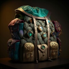 Wall Mural - Jeweler Character's Knapsack with Gems for Medieval Fantasy RPG Adventurer's Inventory Bag [Generative AI]