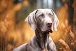 Pretty gray Weimaraner in an autumn forest in the country. Hunting dog on hunt. Gray dog. Hunting dog breed. outdoor portrait. animals, hunting, dogs, living an active life idea. Generative AI