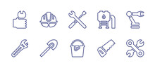 Construction Line Icon Set. Editable Stroke. Vector Illustration. Containing Repair, Hard Hat, Under Maintenance, Water Tower, Robotic Arm, Adjustable Spanner, Shovel, Bucket, Hand Saw, Wrench.