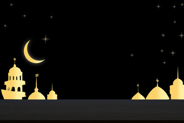 Wall Mural - Islamic Background Concept,Empty Table Desk with Mosques Dome, Star,Crescent Moon Ramadan Religious symbols,Sunrise Twilight Eventing,for Arabic Muslim Holy,Eid ai-fitr,New year Muharram Mubarak.