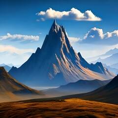 tall mountain in the distance surrounded by other mountains, slight mist, and clouds in the sky