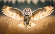 A Barn Owl With Wings Wide Open In Blurred Yellow Grass Background To Hunt, Front View, Generative AI
