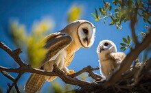 A Barn Owl Feeding Her Baby Chick On A Branch, With Blurred Blue Sky And Tree Branches Background, Side View Generative AI