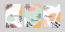 Set Of Book Cover Template With Hand Drawn Foliage Decorations. Abstract Retro Botanical Background.size A4 For Notebooks, Diary, Invitation, Planners, Brochures, Books, Catalogs