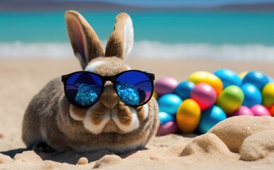 Cool bunny with sunglasses on the beach, multicolor easter eggs around, blurred blue ocean background, copy space generative AI