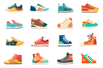 Children's shoes vector illustration collection set. Kid sneakers set. Flat catoon illustration