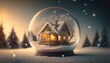 snow covered house inside a glass sphere. Created with Generative AI.
