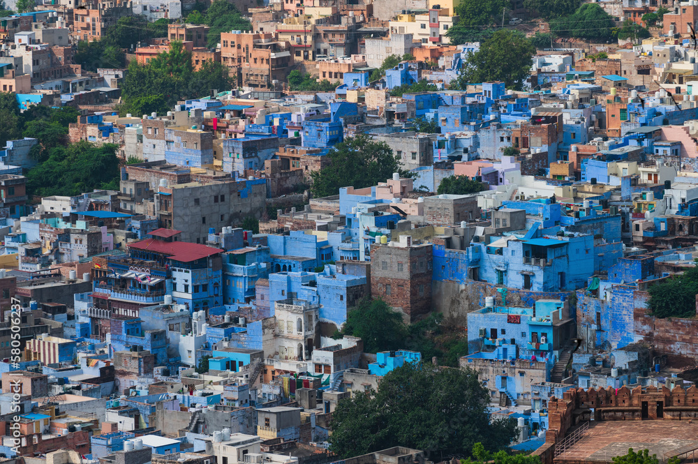 Aerial view of blue city,Jodhpur,Rajasthan,India. Resident Brahmins ...
